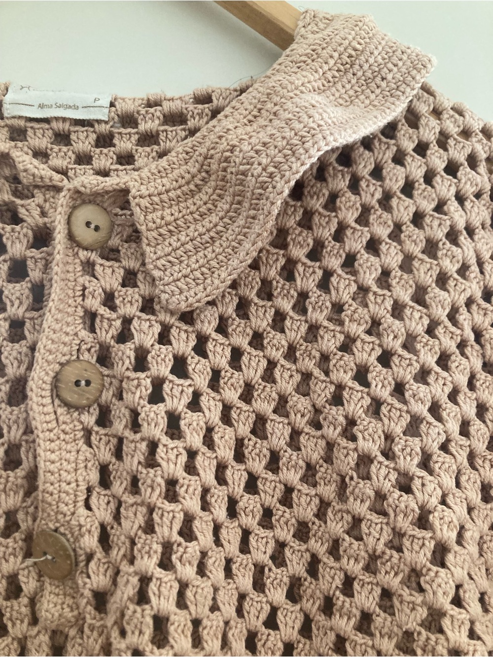 Beige Crochet Knit Sweater with Collar